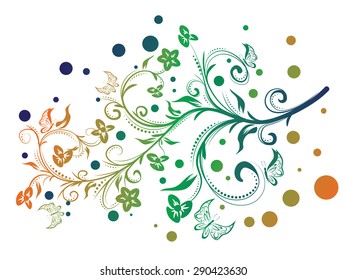 Decorative floral ornament with butterflies, orange, green and blue color gradient.