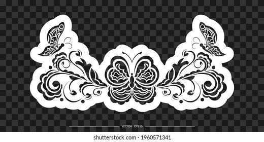 Ornamento floral decorativo con mariposa, elemento de diseño. Es bueno para camisetas, huellas y postales. Ilustración del vector