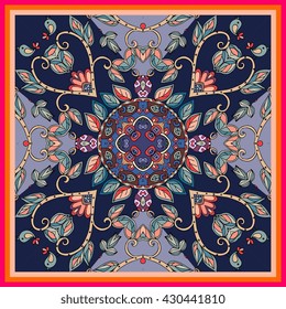 Decorative floral ornament. Can be used for frames, cards, bandana prints, kerchief design, tablecloths and napkins. Vector illustration.
