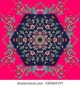 Decorative floral ornament. Can be used for frames, cards, bandana prints, kerchief design, tablecloths and napkins. Vector illustration.