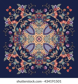 Decorative floral ornament. Can be used for cards, bandana prints, kerchief design, tablecloths and napkins. Vector illustration.