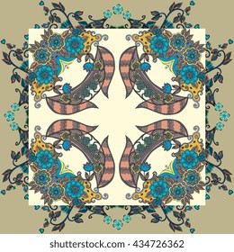 Decorative floral ornament. Can be used for frames, cards, bandana prints, kerchief design, tablecloths and napkins. Vector illustration.