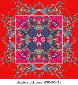 Decorative floral ornament in red tones. Can be used for frames, cards, bandana prints, kerchief design, tablecloths and napkins. Vector illustration.