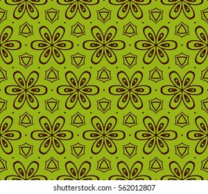 decorative floral ornament. seamless vector illustration. green, burgundy color. stylish geometrical design. template for textile, wallpaper, page fill, decor, fabric
