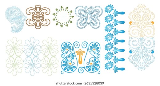 Decorative floral and ornamental vector design elements with stylized blossoms and elegant swirls.