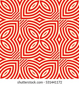 Decorative floral panel motif. Seamless surface pattern with symmetric flowers ornament. Different red figures abstract on yellow background. Digital paper for web design. Vector art illustration