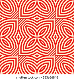 Decorative floral panel motif. Seamless surface pattern with symmetric flowers ornament. Different red figures abstract on yellow background. Digital paper for web design. Vector art illustration