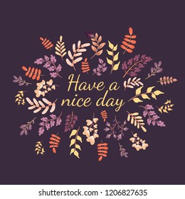 Decorative floral pattern, autumn flowers on a purple background. Wishes, postcard, frame