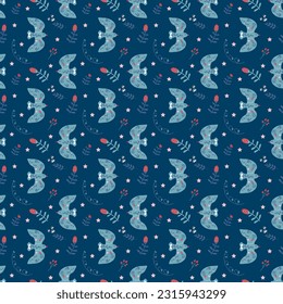 Decorative floral pattern with birds. Folk Scandinavian style. Vector. Blue background. For fabric, clothes, home decor, covers and brochures.