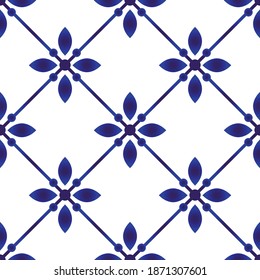 decorative floral pattern blue and white, Porcelain background, beautiful ceramic tile, ceiling, wallpaper backdrop damask style, vintage tiles, baroque  design, indigo decor vector illustration