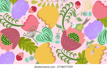 Decorative floral pattern with cute bird, leaves and fantasy flowers in soft pastel colors. Folk art inspired illustration for textile, wallpaper, nursery decor, packaging and surface design.
