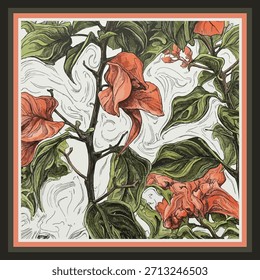 Diseño de patrón floral decorativo adecuado para bufanda de seda, impresión textil o Fondo de pantalla con estilo retro. Ilustración botánica de Antiguas de flores rojas y hojas verdes sobre un fondo abstracto en remolino
