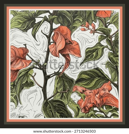 Decorative floral pattern design suitable for silk scarf, textile print, or wallpaper with retro style. Vintage botanical illustration of red flowers and green leaves on a swirling abstract background