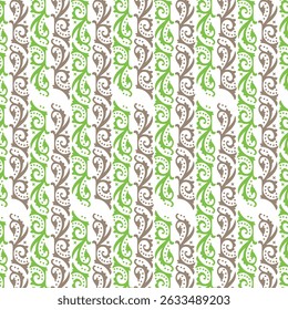 Decorative floral pattern featuring brown and green swirls repeated on white background