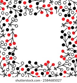 Decorative floral pattern featuring red and black berries on a white background