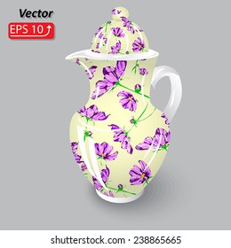  decorative floral pattern flower cosmos dishes of coffee chocolate tea, pitcher, coffeepot, isolated on grey background icon vector illustration