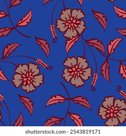 Padrão floral decorativo com flores, folhas e ervas. Padrão contínuo, fundo botânico monocromático com plantas selvagens em cores frias. Ilustração vetorial