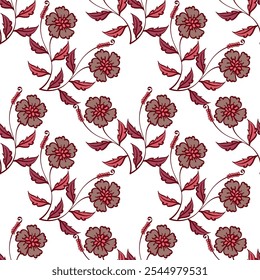 Padrão floral decorativo com flores, folhas e ervas. Padrão contínuo, fundo botânico monocromático com plantas selvagens em cores frias. Ilustração vetorial