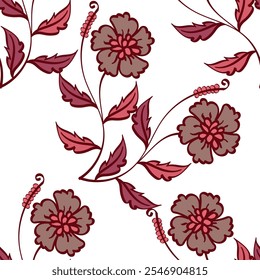 Decorative floral pattern with flowers, leaves and herbs. Seamless pattern, monochrome botanical background with wild plants in cool colors. Vector illustration