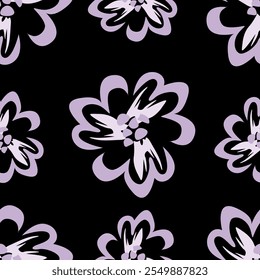 Decorative floral pattern with flowers, leaves and herbs. Seamless pattern, monochrome botanical background with wild plants in cool colors. Vector illustration