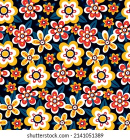 Decorative floral pattern in folk style. Seamless botanical background, retro ornament with painted flowers, leaves, summer flowering meadow. Vector illustration.