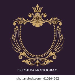 Decorative floral pattern. Gold graceful frame. Heraldic symbols. Monogram initials and exclusive calligraphic design elements. Vector business sign, identity for hotel, restaurant, jewelry, fashion.