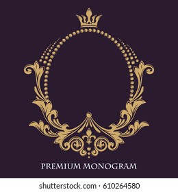 Decorative floral pattern. Gold graceful frame. Heraldic symbols. Monogram initials and exclusive calligraphic design elements. Vector business sign, identity for hotel, restaurant, jewelry, fashion.