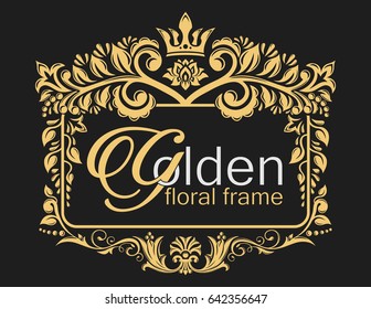Decorative floral pattern. Gold graceful frame. Heraldic symbols. Monogram initials and exclusive calligraphic design elements. Vector business sign, identity for hotel, restaurant, jewelry, fashion.