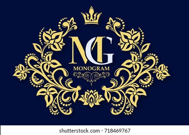 Decorative floral pattern. Gold graceful frame. Heraldic symbols. Monogram initials and exclusive calligraphic design elements. Vector business sign, identity for hotel, restaurant, jewelry, fashion.