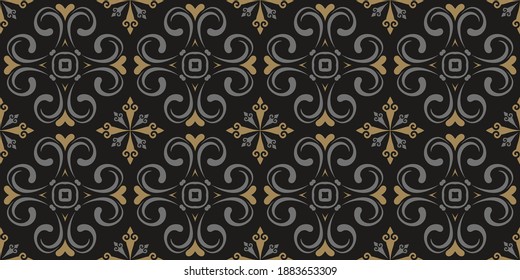 Decoración floral en tonos dorados y grises sobre fondo negro. Textura de papel pintado sin inconvenientes. Ilustración vectorial para el diseño. 