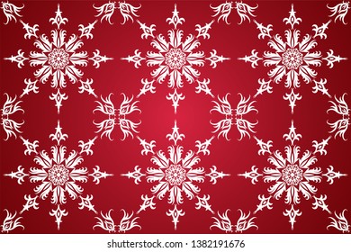Decorative floral pattern. Hand drawn traditional ornament. Damask style with geometry each side for fashion fabric, knit, textile, batik. Red background.