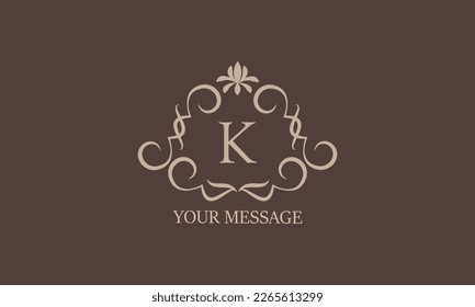 Decorative floral pattern. Heraldic symbols. Initial K for monogram and exclusive calligraphic design elements. Vector business sign, identity for hotels, restaurants, jewelry, fashion.