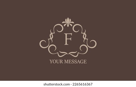 Decorative floral pattern. Heraldic symbols. Initial F for monogram and exclusive calligraphic design elements. Vector business sign, identity for hotels, restaurants, jewelry, fashion.