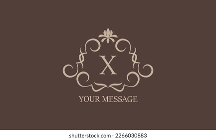 Decorative floral pattern. Heraldic symbols. Initial X for monogram and exclusive calligraphic design elements. Vector business sign, identity for hotels, restaurants, jewelry, fashion.