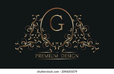 Decorative floral pattern with a letter in the center of G. Bronze elegant frame on a black background. Exclusive monogram, business sign design element, identity for hotel, restaurant, jewelry, fashi