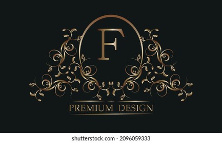 Decorative floral pattern with a letter in the center of F. Bronze elegant frame on a black background. Exclusive monogram, business sign design element, identity for hotel, restaurant, jewelry, fashi