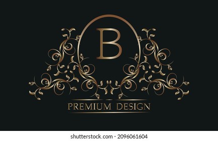 Patrón floral decorativo con una letra en el centro de B. Marco elegante de bronce sobre un fondo negro. Monograma exclusivo, elemento de diseño de signos de negocio, identidad para hotel, restaurante, joyería, fashi