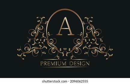 Decorative floral pattern with a letter in the center of A. Bronze elegant frame on a black background. Exclusive monogram, business sign design element, identity for hotel, restaurant, jewelry, fashi