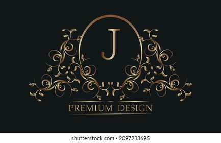 Dekoratives Blumenmuster mit einem Buchstaben in der Mitte von J. Bronze-eleganter Rahmen auf schwarzem Hintergrund. Exklusive Monogramm, Design-Element für Geschäftszeichen, Identität für Hotel, Restaurant, Schmuck