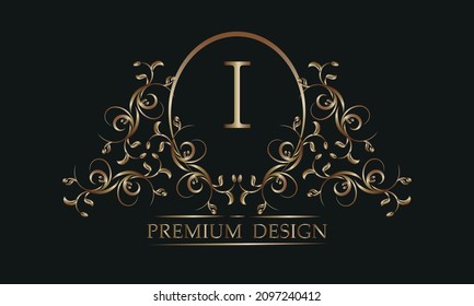 Decorative floral pattern with a letter in the center of I. Bronze elegant frame on a black background. Exclusive monogram, business sign design element, identity for hotel, restaurant, jewelry