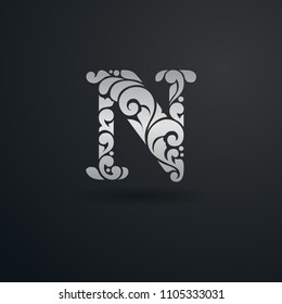 Decorative floral pattern letter N. Ornate elegant design in Victorian style. For logo, monogram, emblem, initials, business sign, identity, branding.