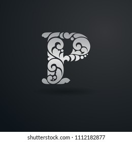 Decorative floral pattern letter P. Ornate elegant design in Victorian style. For logo, monogram, emblem, initials, business sign, identity, branding.