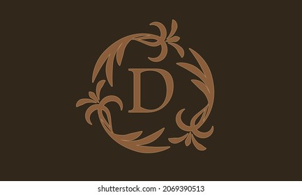 Patrón floral decorativo. Lujoso marco elegante y la letra D en el centro. Símbolos heráldicos. Elementos de diseño caligráfico exclusivos idénticos al signo comercial, identidad para hotel, restaurante, 