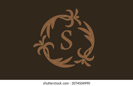 Decorative floral pattern. Luxurious elegant frame and the letter S in the center. Heraldic symbols. Exclusive calligraphic design elements identical to business sign, identity for hotel, restaurant, 