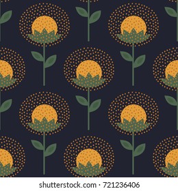 Decorative floral pattern on dark background. Cute dandelion with decorative dots seamless background. Fashion scandinavian style design for fabric, wallpaper, textile and decor.