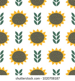 Decorative floral pattern on white background. Cute sunflowers with decorative dots seamless background. Fashion scandinavian style design for fabric, wallpaper, textile and decor.