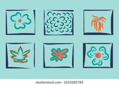 Decorative floral pattern showcasing six square frames with intricate flower designs positioned against soft blue backdrop, highlighting botanical symmetry