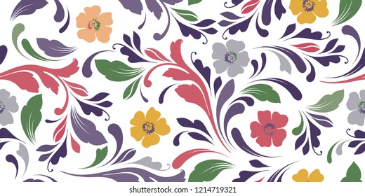 Decorative floral pattern with swirls and flowers. Design for the cover, fabric, paper, wrapping, wallpaper. Seamless ornament is hand drawing. Ornamental flowery texture.