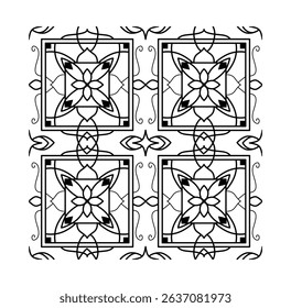 Decorative floral pattern with symmetrical black line art, arranged in square tiles on a white background, concept of elegance and traditional design. Vector illustration