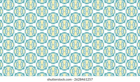 Patrón floral decorativo en verde azulado y amarillo sobre un fondo blanco